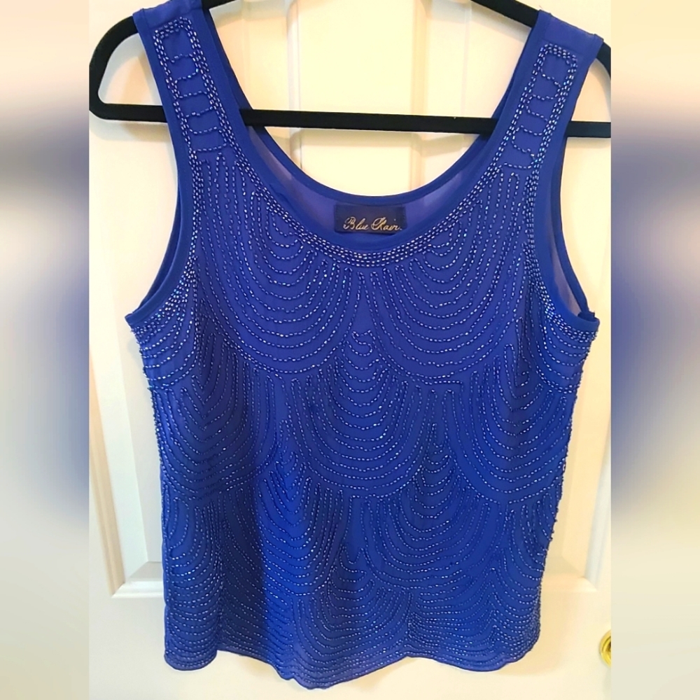 Royal blue beaded short sleeve blouse